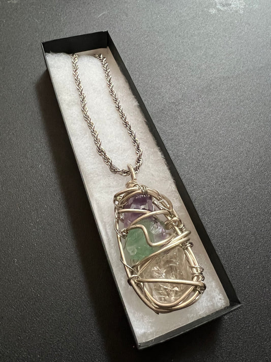 Sterling Silver Amethyst, Flourite and Clear Quartz Totem Pendant