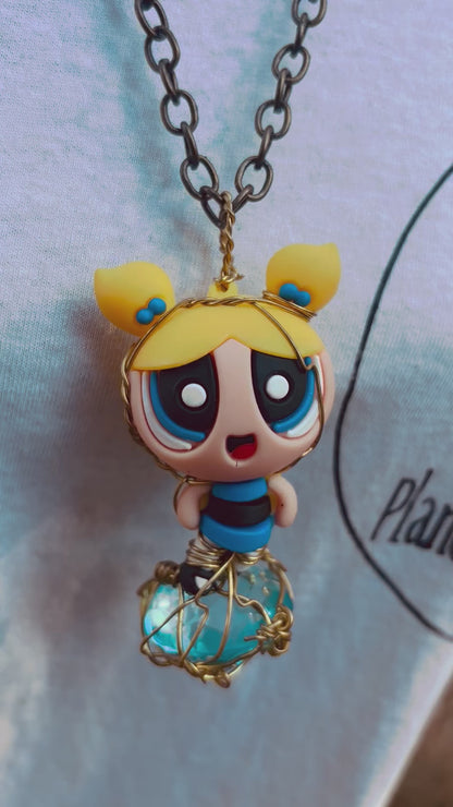 Bubbles Powerpuff Girls Brass Faceted Blue Glass Diamond Necklace