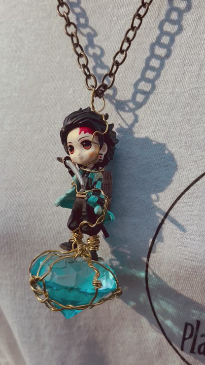 Tanjiro Demon Slayer Brass Necklace with Faceted Glass Diamond