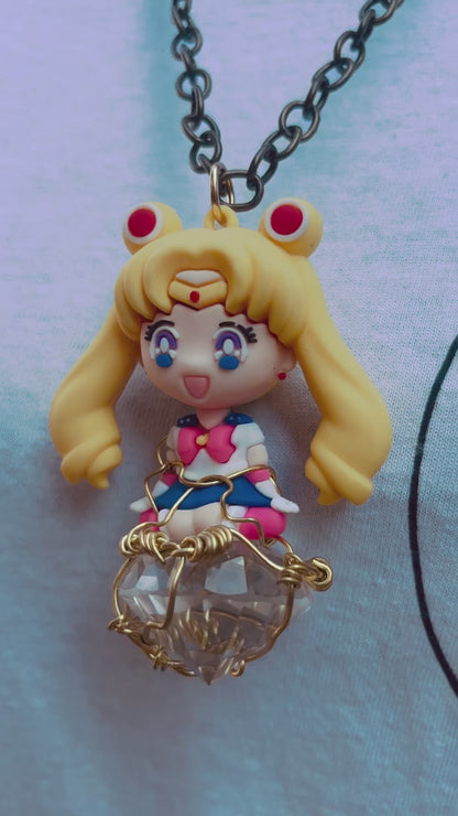 Sailor Moon Brass Faceted Diamond Glass Pendant Necklace